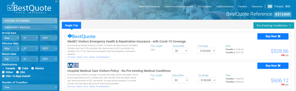 Example travel insurance quote